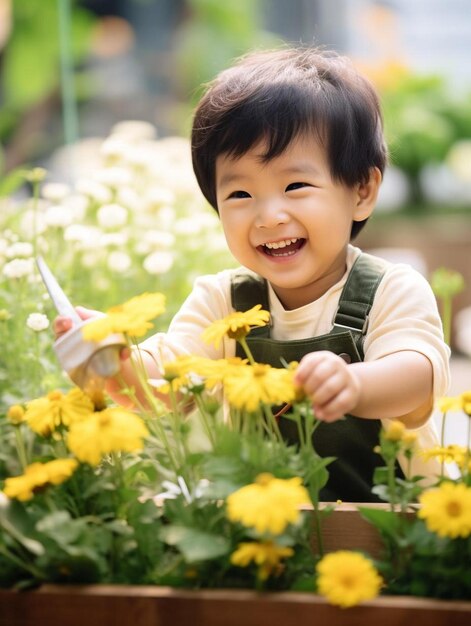 Photo a child in a garden with yellow flowers and a plastic bottle in the hand