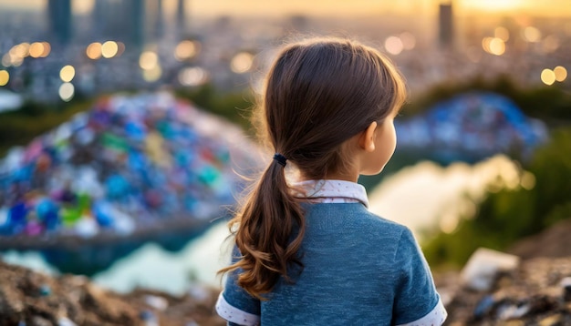 child gazes at a waste dump near the city embodying the environmental impact on innocence and the u