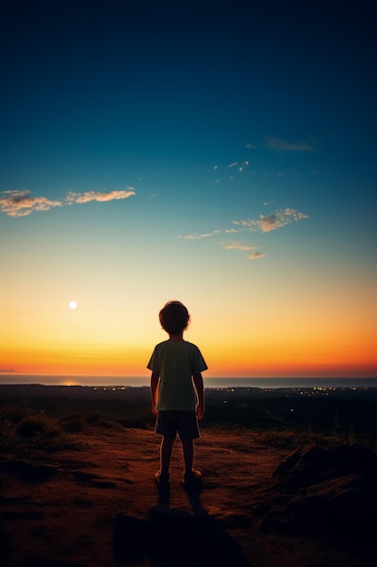 Photo a child gazing at the horizon isolated on a dusk gradient background