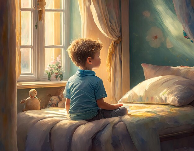 Child gazing at a serene forest view morning sunlight cozy room ambiance