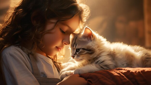 Photo a child gently petting sleeping kitten in background