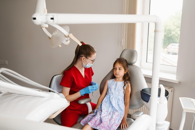 Child girl afraid dentist Childrens dentist consults frightened kid in dentistry Treatment of teeth and toothache in children