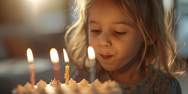 child girl blowing out candles on birthday cake Generative AI