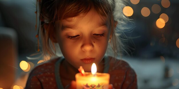 child girl blowing out candles on birthday cake Generative AI