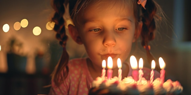 child girl blowing out candles on birthday cake Generative AI