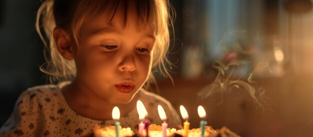 child girl blowing out candles on birthday cake Generative AI