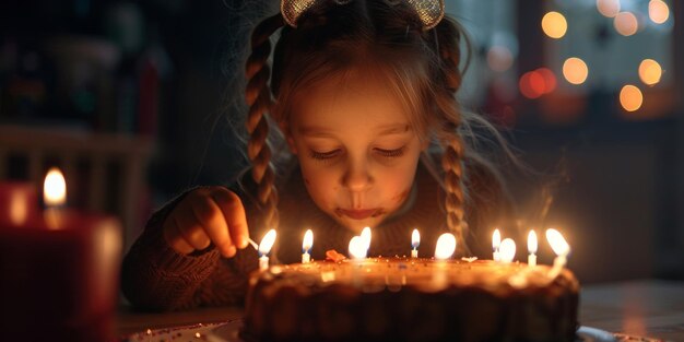 child girl blowing out candles on birthday cake Generative AI