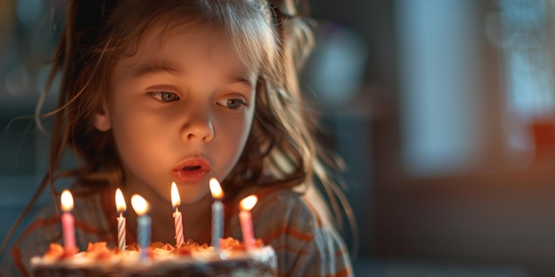 child girl blowing out candles on birthday cake Generative AI