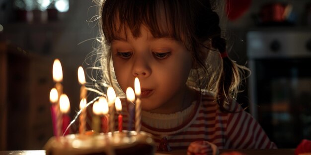 child girl blowing out candles on birthday cake Generative AI