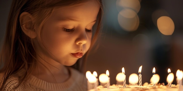 child girl blowing out candles on birthday cake Generative AI