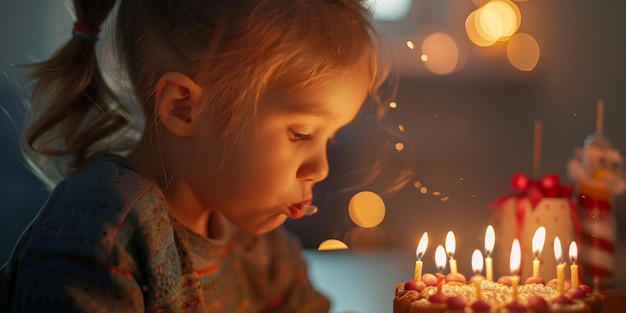 child girl blowing out candles on birthday cake Generative AI