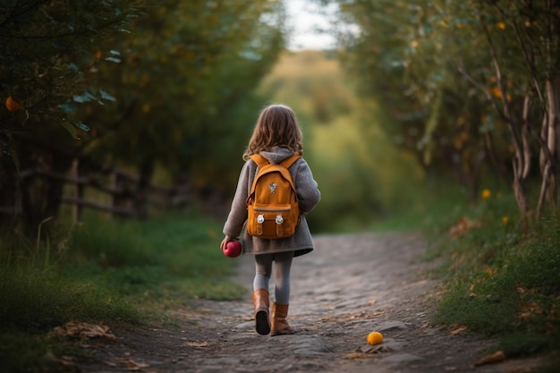 Child girl a coat walks in spring Generative AI