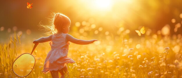 Child girl in a field at sunset holding a net surrounded by flying butterflies evoking wonder and freedom