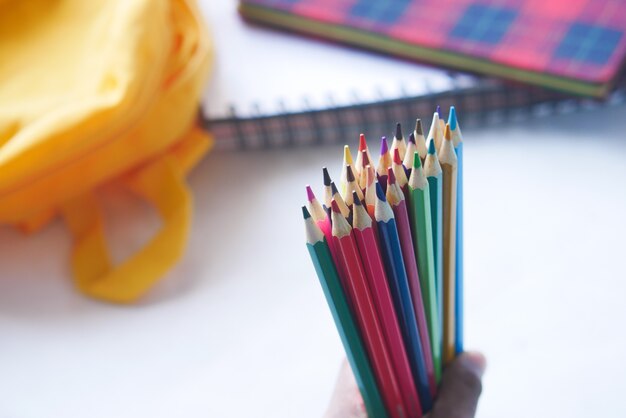 Child girl holding many color pencils