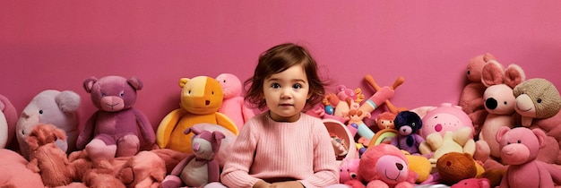 Child girl is sitting and playing on pink background set