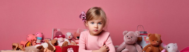 어린 소녀가 분홍색 배경 세트에 앉아서 놀고 있다