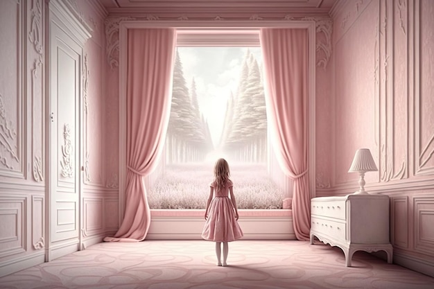 A child girl in a pink dress is standing in a monochrome pink room