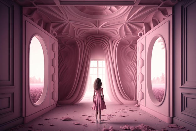 A child girl in a pink dress is standing in a monochrome pink room