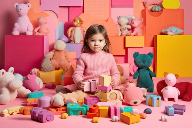カラフルなピンクのスタジオで遊ぶ子供の女の子