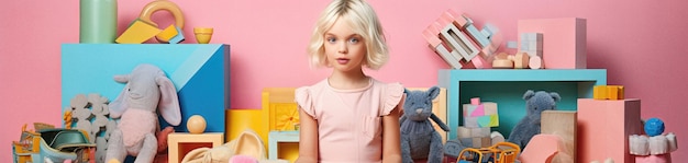 Foto ragazza del bambino che gioca nello studio rosa variopinto
