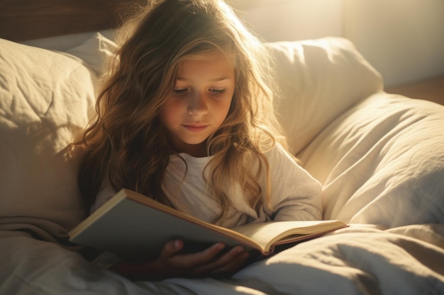 child girl reading book in bed