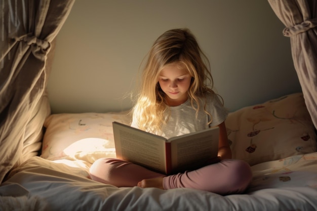 child girl reading book in bed