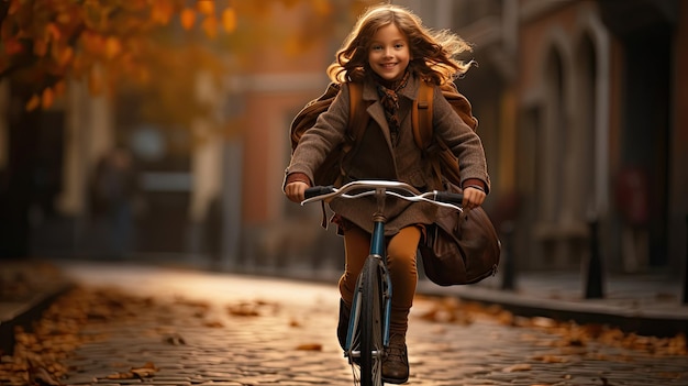 Девочка на велосипеде идет в школу