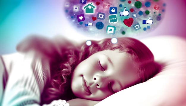 Foto bambina che dorme in un letto e sogna un social media