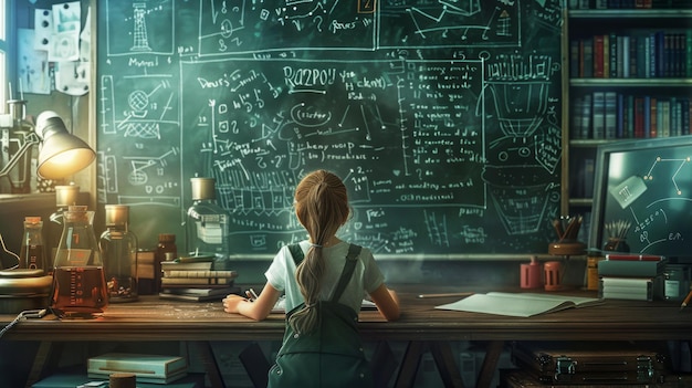 Child girl watching complex math and science concepts written on blackboard