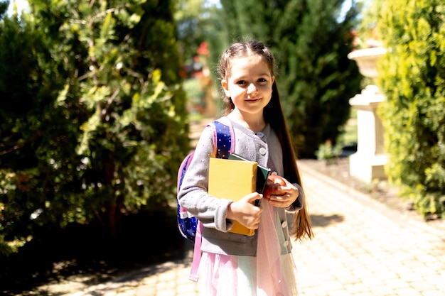 Child girl with bag go to elementary school Child of primary school Pupil go study with backpack