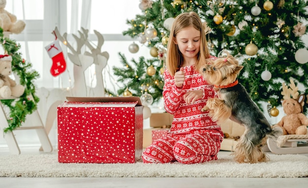 Child girl with doggy at Christmastime sitting on floor with red gift box. Kid with pet doggy celebrating New Year with presents