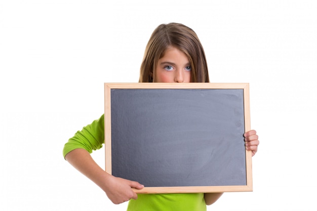 child girl with white frame copy space black blackboard