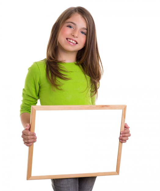 child girl with white frame copy space white blackboard