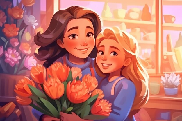 Child gives mom flowers and congratulates her on Mother's Day Illustration Generative AI