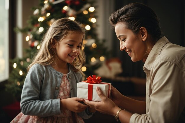 Photo child giving a gift to her parent