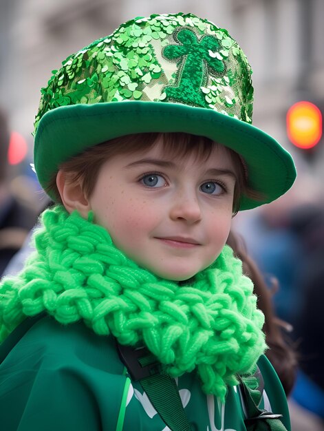 A child in a green costume in a St Patricks Day parade on the street