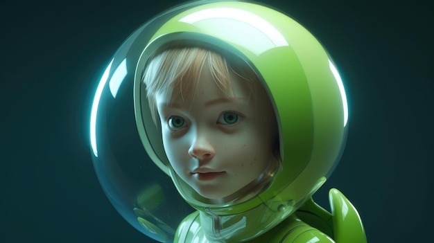 A child in a green space suit with a helmet on.