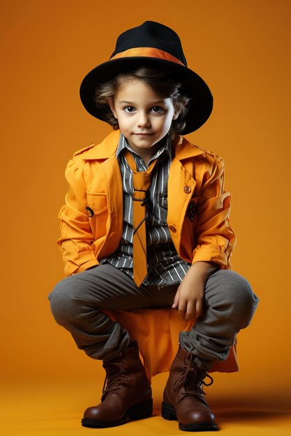 Foto bambino in costume di halloween su sfondo colorato a tutta altezza