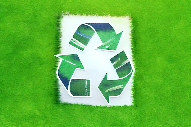 緑の背景にリサイクルのロゴが入ったカット紙を持っている子供の手 Generative Ai