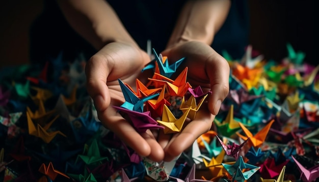 Foto mano del bambino che tiene una vivace decorazione a stella di origami generata dall'intelligenza artificiale