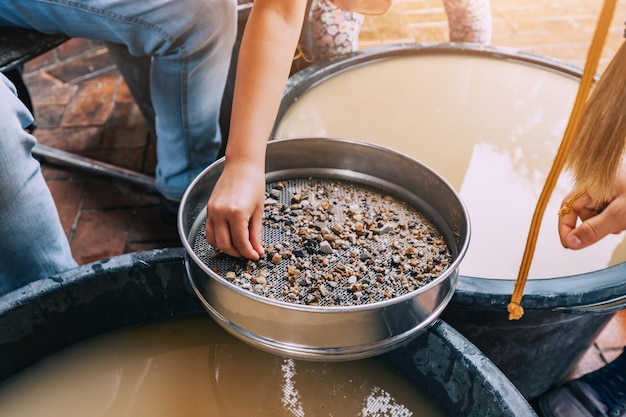 Child hand picking pebbles at the sieve at archaeological excavations or extraction of gold and other gems at the prospecting site Muddy water in background Hobby and recreation