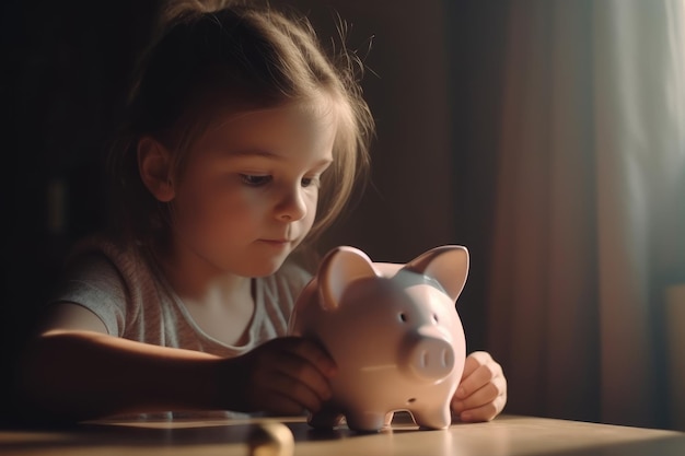 Child hand throws coin into piggy bank saved up money coins