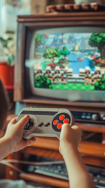 Foto mani di bambini che tengono un controller classico mentre giocano a un videogioco nostalgico su una console retro che invoca ricordi d'infanzia