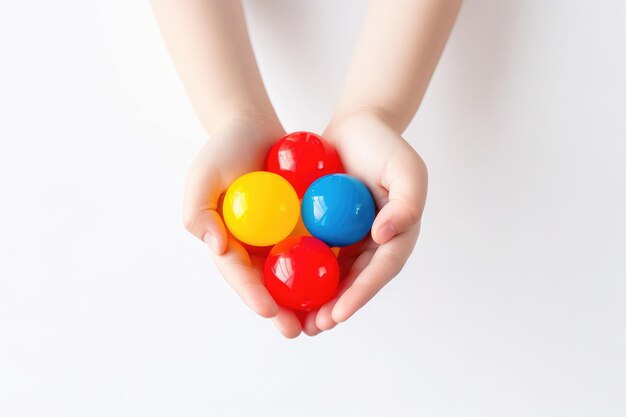Руки ребенка, держащие и играющие с красочными пластиковыми шарами на белом фоне Игрушки для двигателя