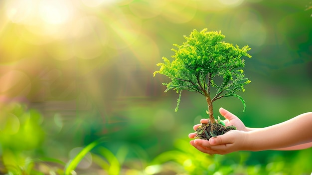 child hands holding tree on blurred green nature background with copy space earth day eco concept