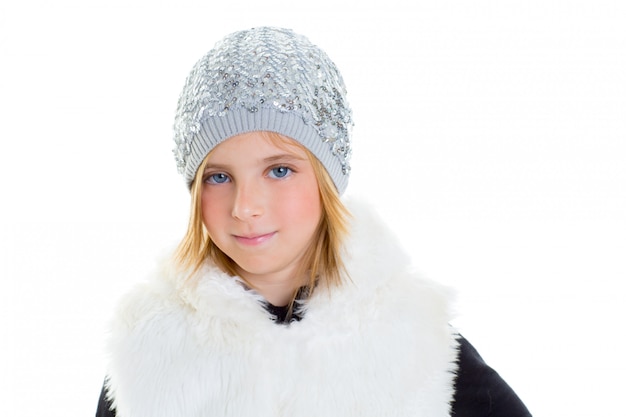 child happy blond kid girl portrait winter wool white cap