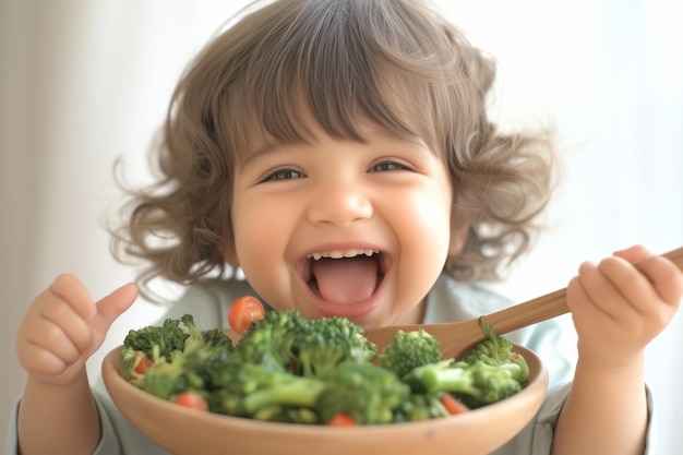 Child happy to eat vegetables on dining table