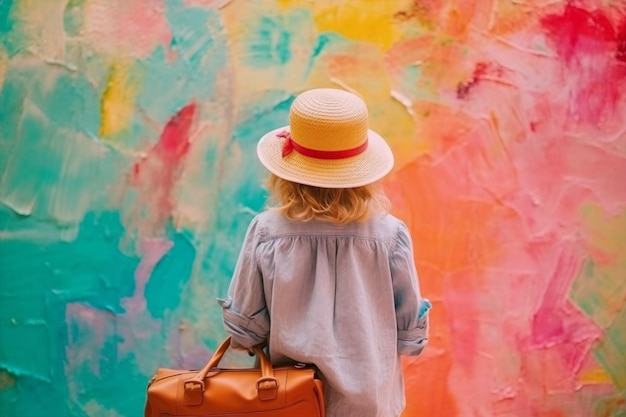 A child in a hat stands in front of a colorful painting.