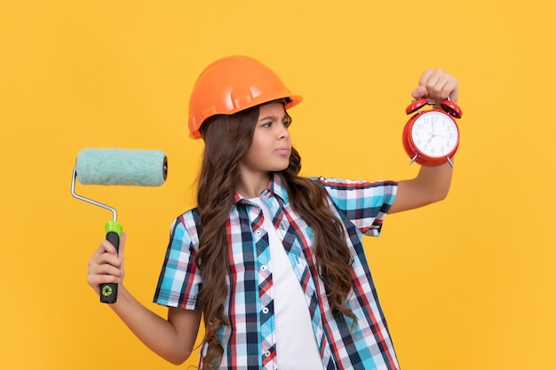 Child in helmet time for decoration kid education renovation work time to renovate deadline