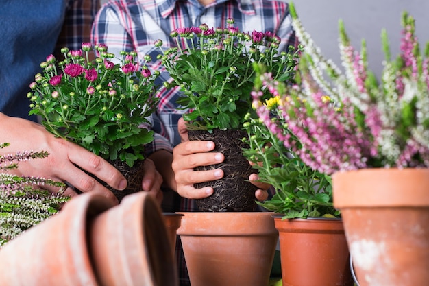 Child helps to father planting flowers family time at home